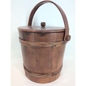 Antique Primitive 12" Firkin Wood Sugar Bucket w/ Lid Copper Nails